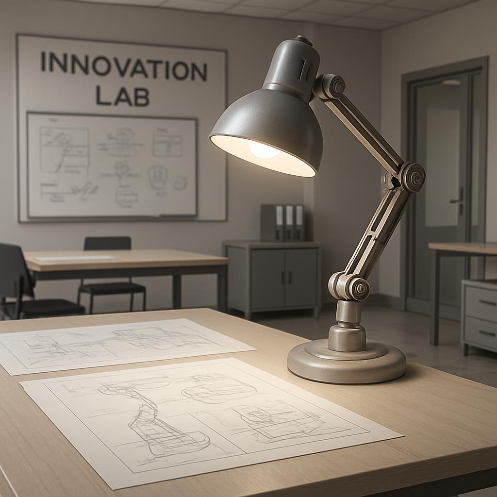 An office with a desk and lamp, featuring a whiteboard in the background that displays 'INNOVATION LAB' and some technical...