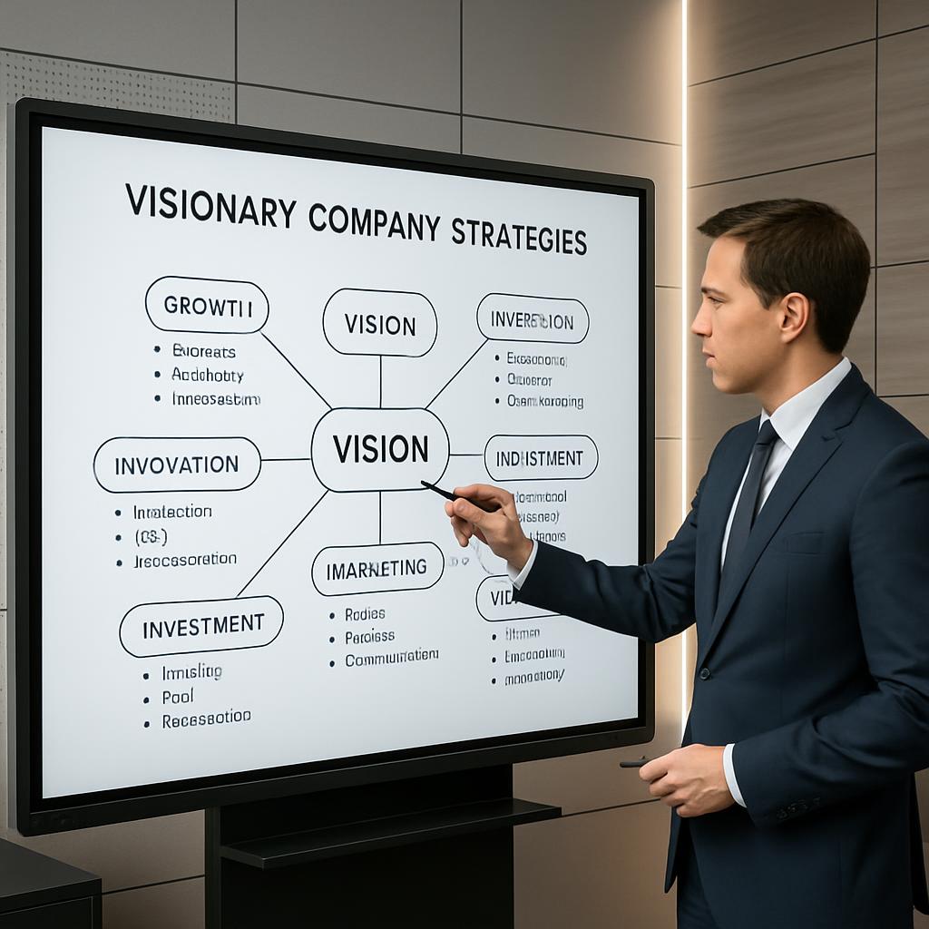 Man in a suit pointing at a large projector screen showing a "Visionary Company Strategies" diagram, the text described in...