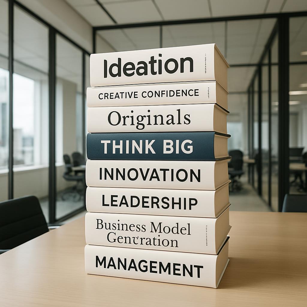 A tall stack of books on a table in an office, with various words printed on each book spine, including "Ideation", "Creat...