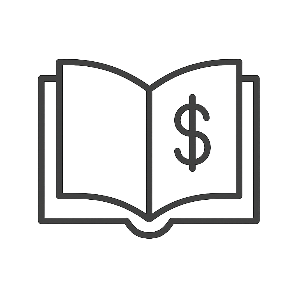 An open book with a dollar sign between the pages.